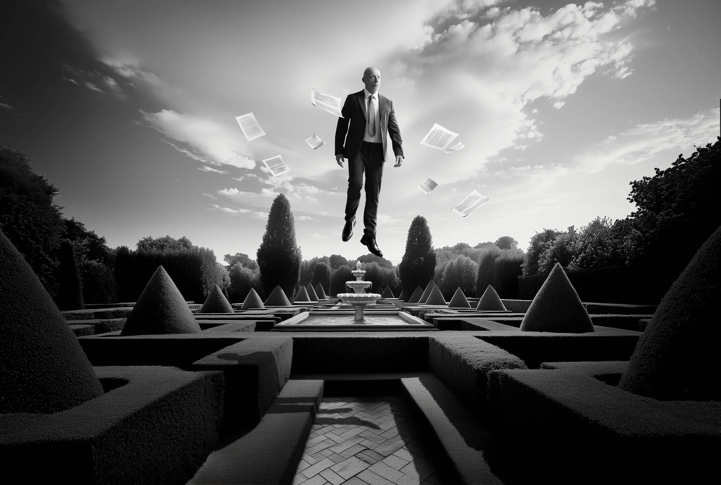 A man in a suit appears to be floating or levitating above a manicured garden with geometric hedges and a fountain, while papers hover around him under a cloudy sky.
